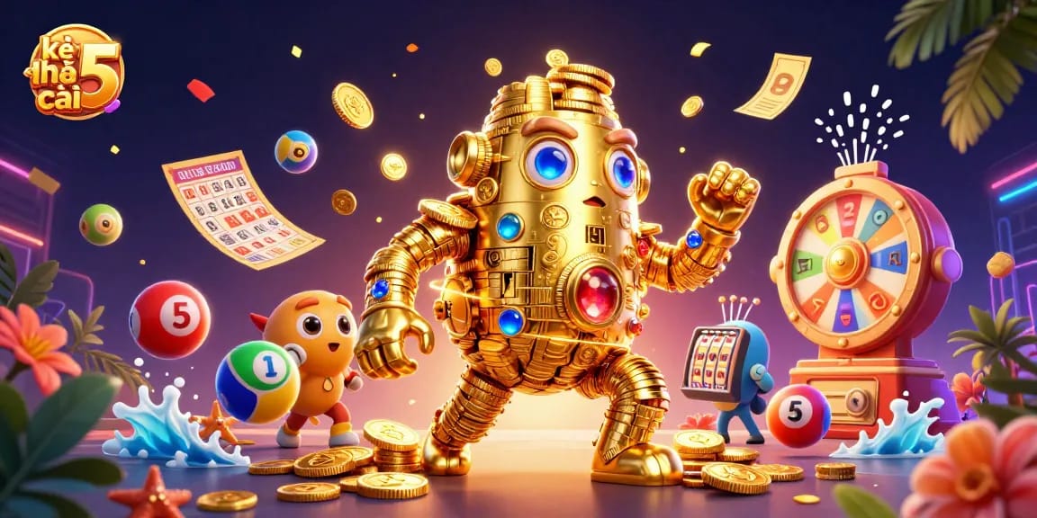 Engage with kèo nhà cái 5 as vibrant lottery balls and a golden golem capture the thrilling essence of gambling.