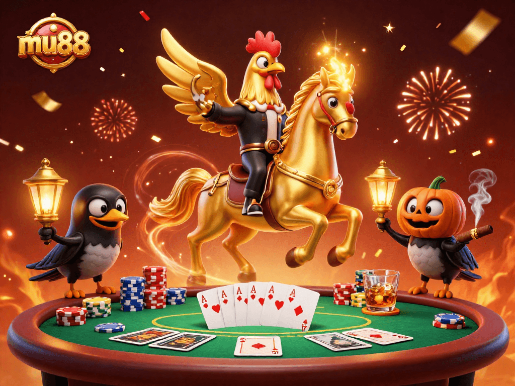 Experience mu88's vibrant casino atmosphere with a golden rooster and poker elements.