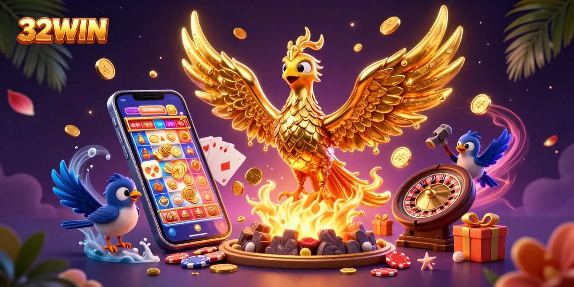 Engage with 32WIN's golden phoenix illustration as it creates mesmerizing coins amidst thrilling gambling elements.