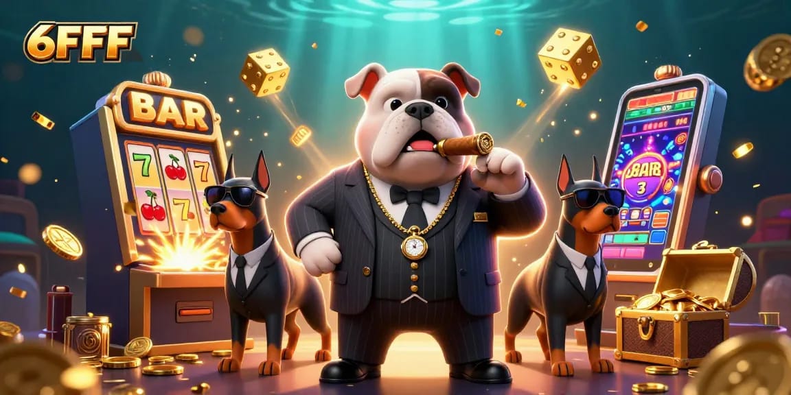 Experience excitement with 6FFF at the bustling casino featuring mafia boss and Doberman bodyguards.