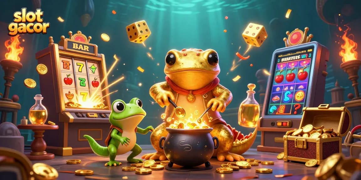 Experience thrilling slot gacor action with a vibrant alchemist scene bursting with coins and golden treasures.