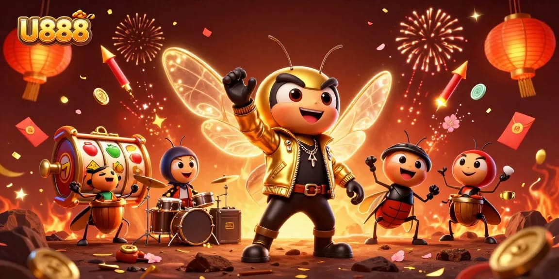 Experience the excitement of U888 Casino with vibrant slot reels and a lively rock star performance.