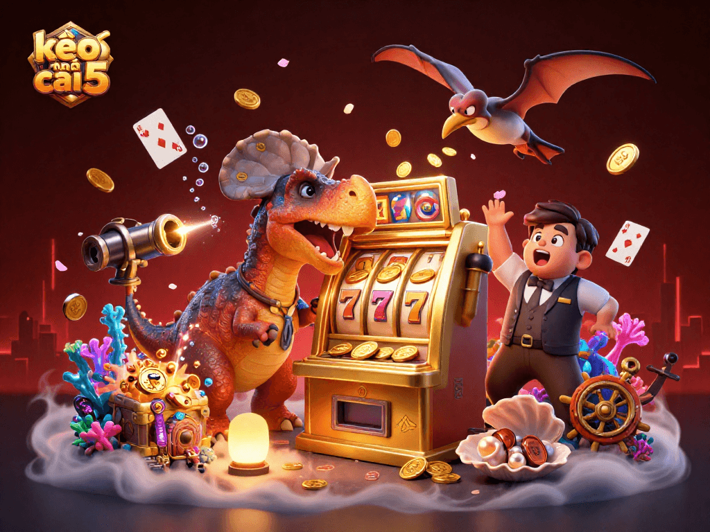 Engage with the vibrant world of kèo nhà cái 5 as a pachycephalosaurus wins jackpot coins from a golden slot machine.