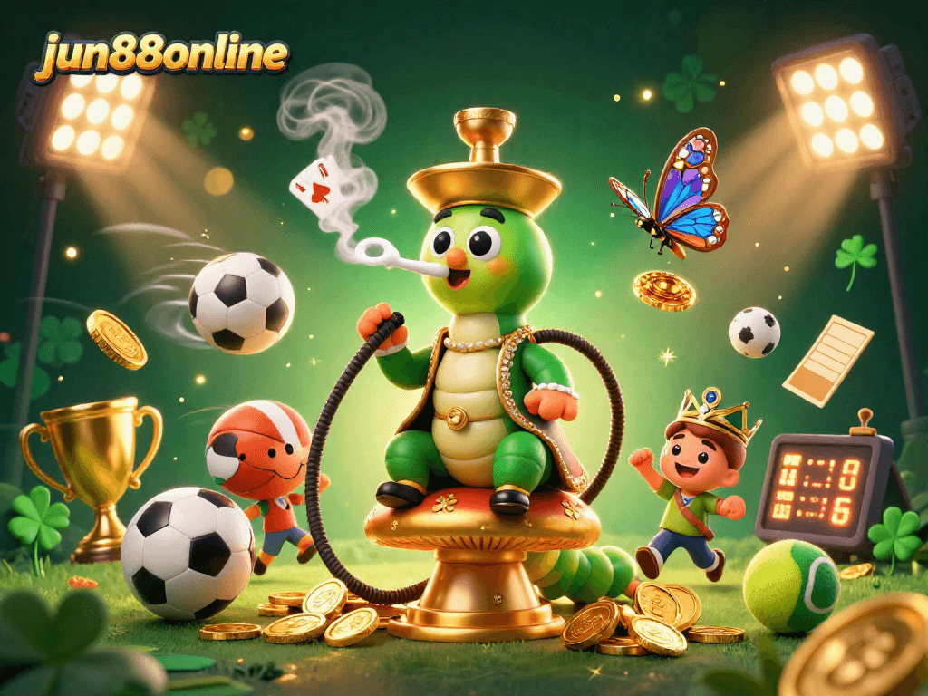 Engage with jun88online's vibrant casino adventure featuring a unique caterpillar and sports-themed environment.