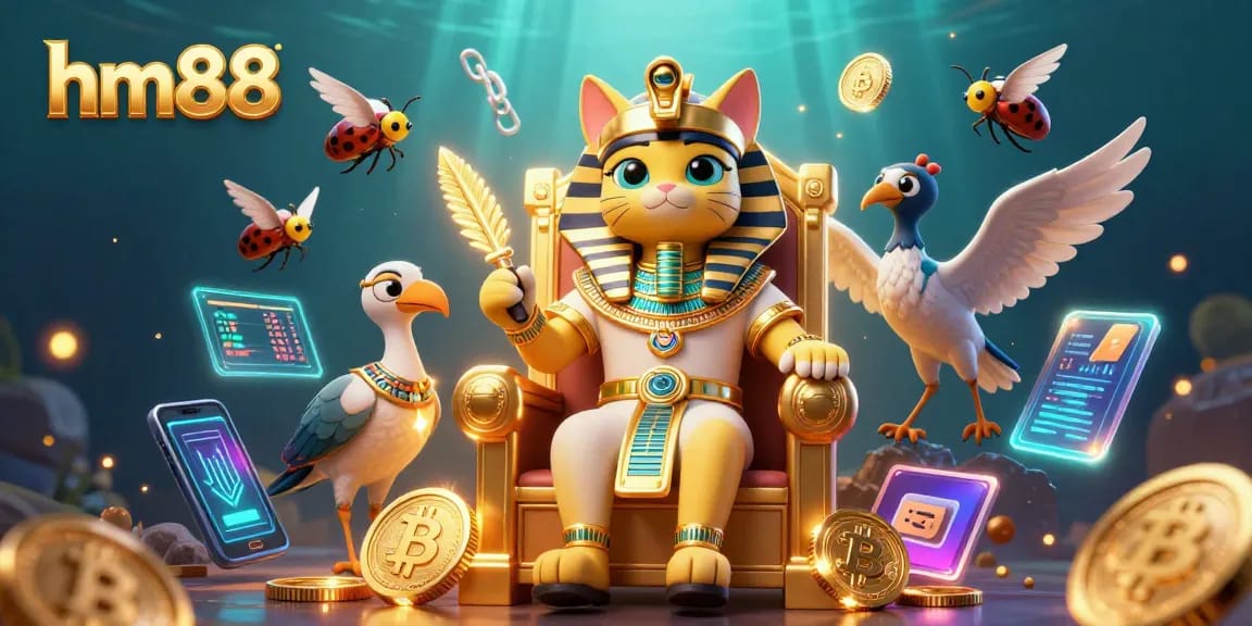 Join the excitement at hm88 with our Egyptian pharaoh cat amidst crypto coins and vibrant casino action.