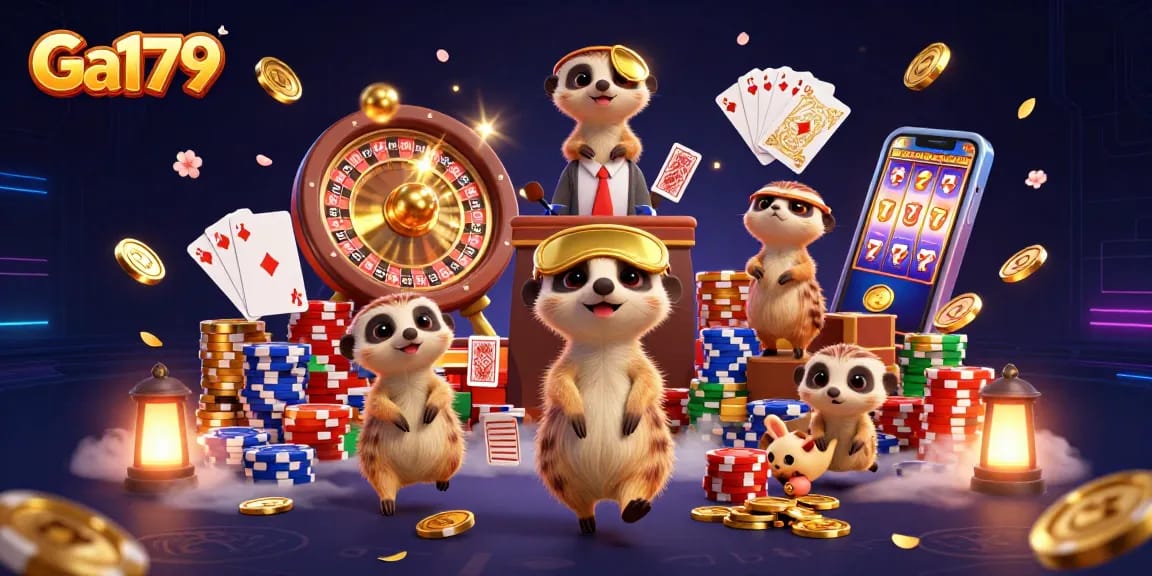 Experience Ga179's lively gambling scene with meerkats managing casino action.