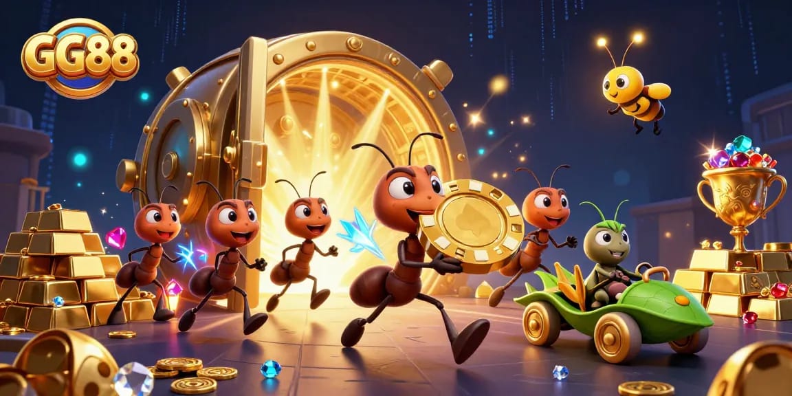 Experience thrilling gameplay at GG88 as cartoon ants carry a massive poker chip through a treasure tunnel.