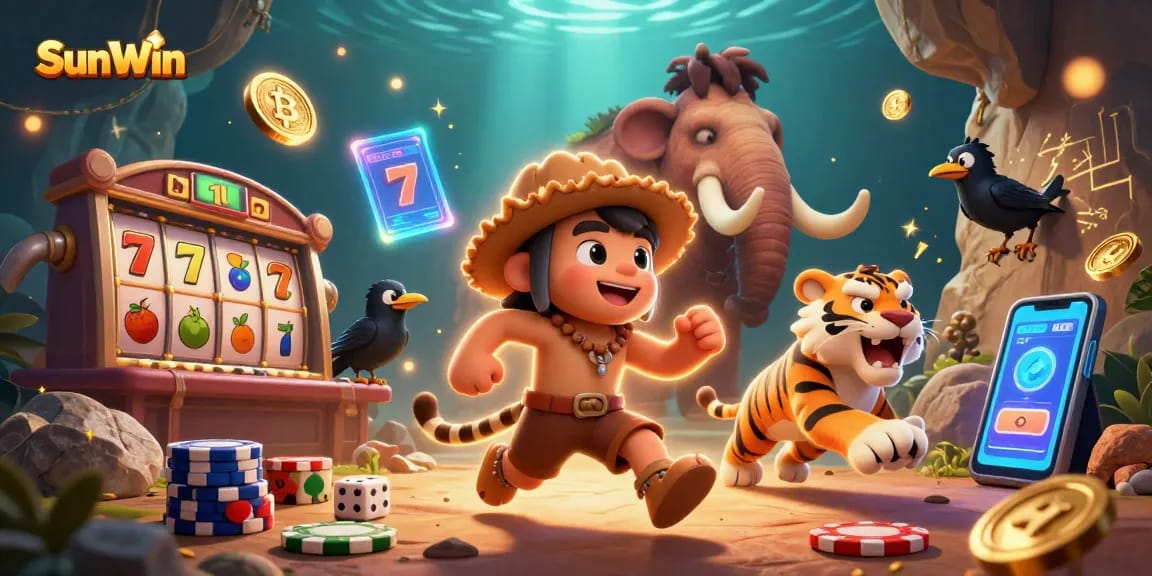 Engage in thrilling actions at SunWin's prehistoric casino with caveman characters and vibrant game elements.