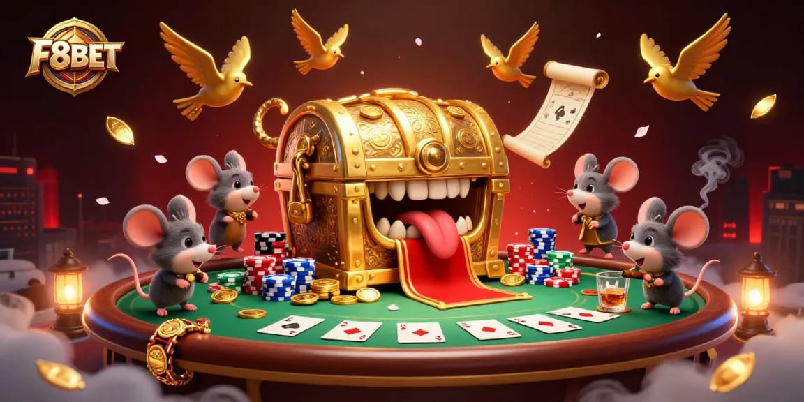 Experience excitement with F8BET's captivating 3D casino scene featuring poker elements and treasure.