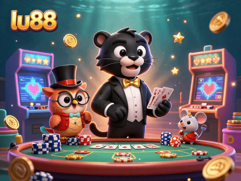 Engage in thrilling casino action with lu88 as a stylish panther deals cards alongside an owl and lucky mouse.