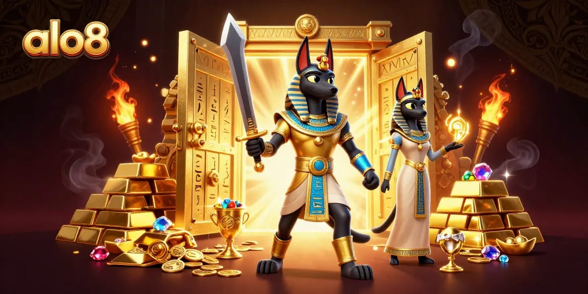 Alo8 showcases a vibrant 3D illustration of Anubis and Bastet amidst a treasure-filled casino scene, embodying thrilling gaming.