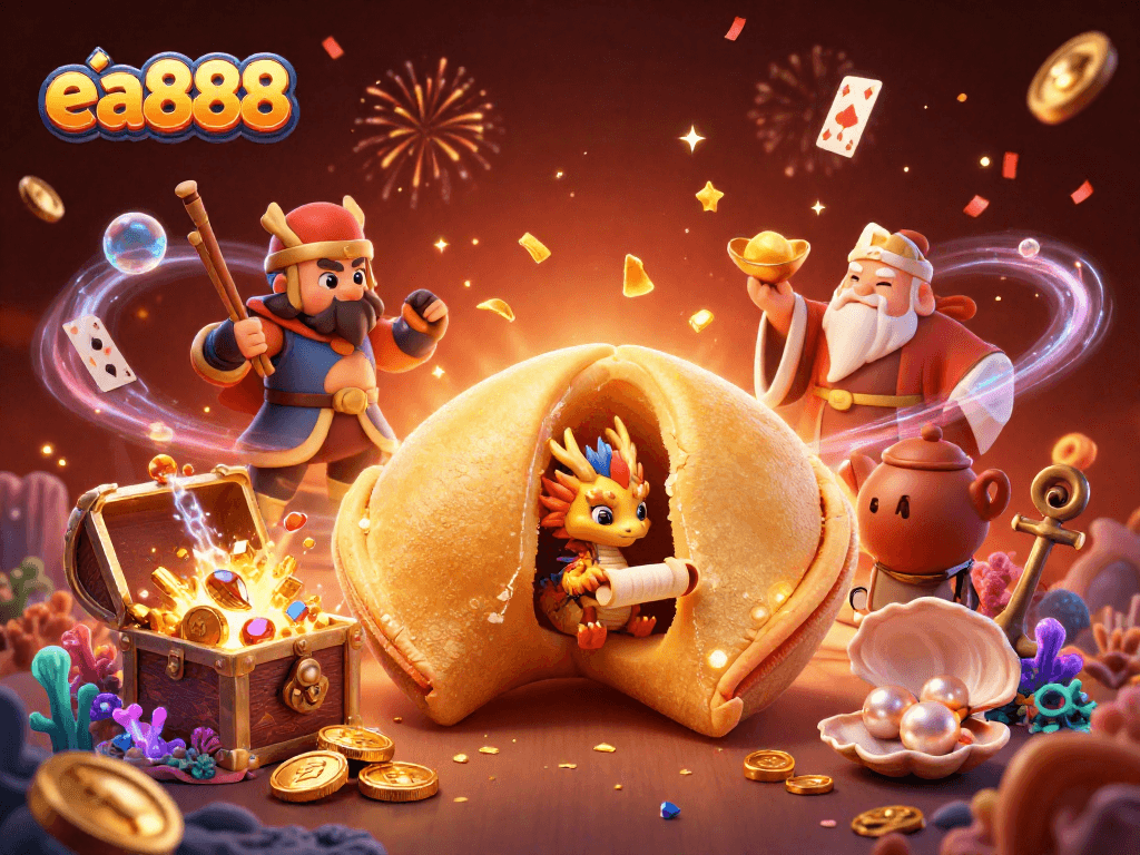 Engage with the vibrant action at ea888's casino scene featuring a golden fortune cookie and dynamic game elements.