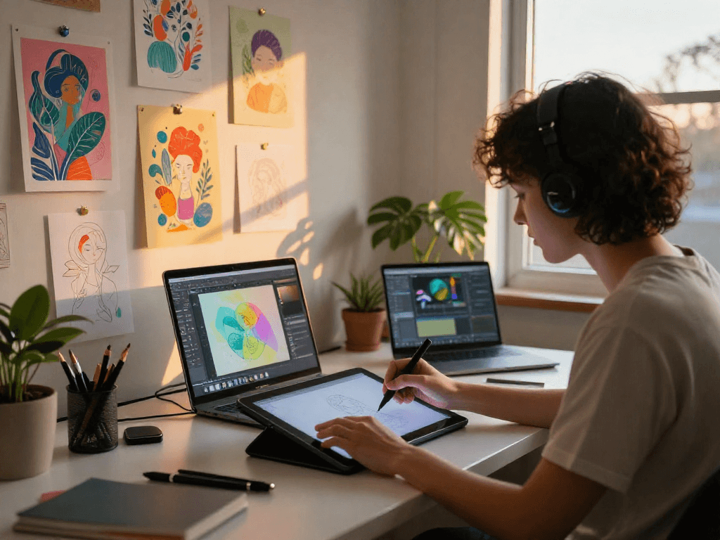 Artist creating captivating nsfw ai illustrations in warm, cozy studio ambiance.