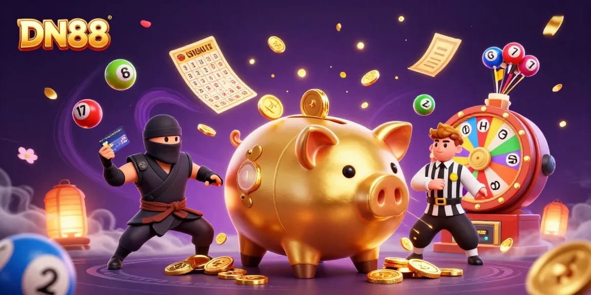Experience immersive gaming at DN88 with a dynamic 3D illustration featuring thrilling casino elements.