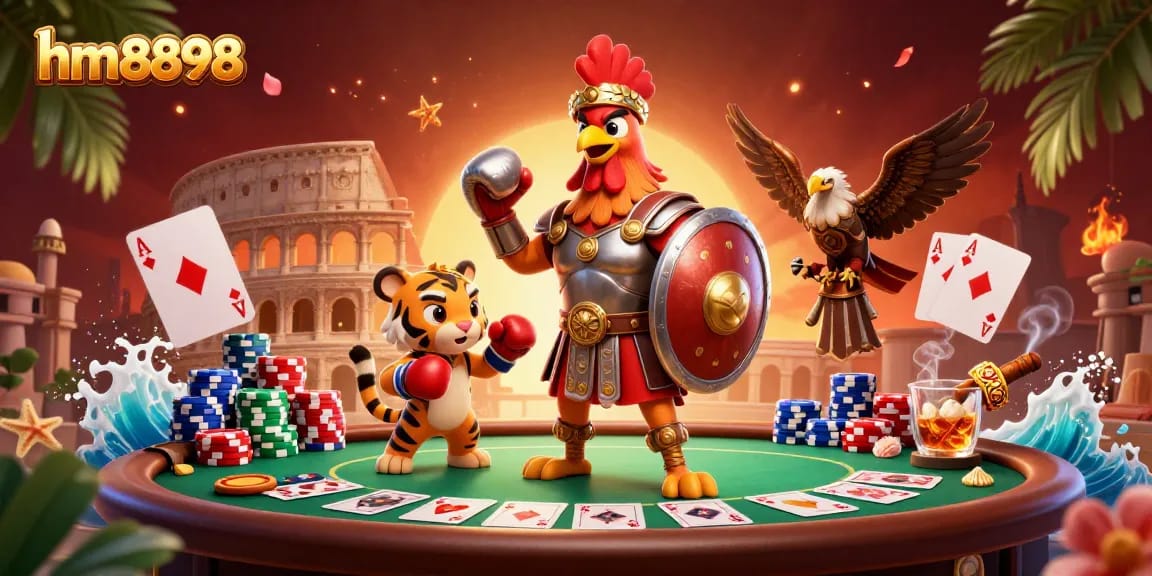 Experience thrilling gameplay with hm8898 in an action-packed casino illustration featuring a gladiator and more.