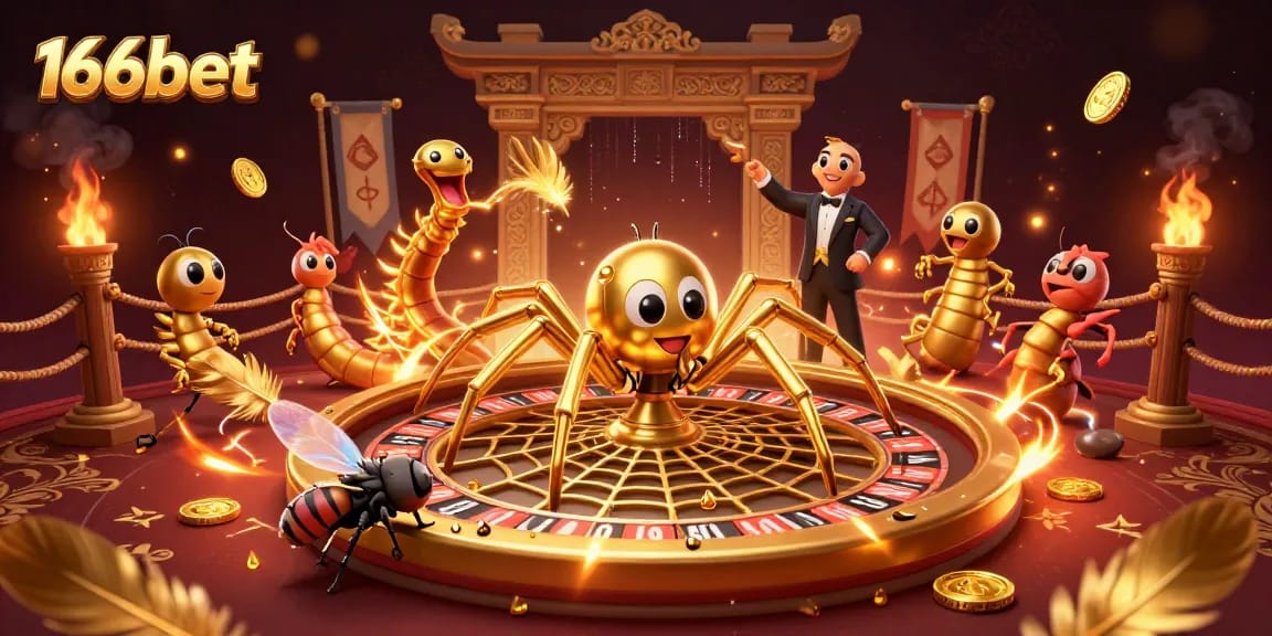 Engage with 166bet as the golden spider spins a roulette wheel web, embodying thrilling online gaming.