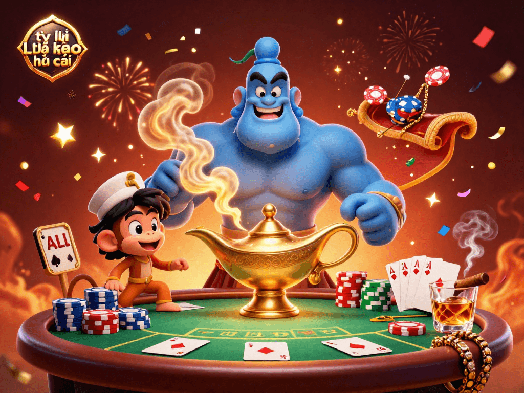 Engage with tỷ lệ kèo nhà cái through this vibrant 3D scene featuring a genie, monkey, and poker elements.