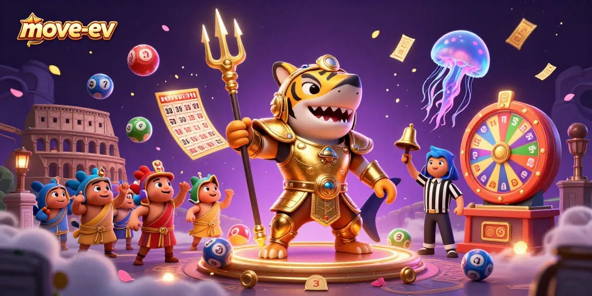 Move-ev showcases a vibrant illustration of a tiger shark in gladiator armor amidst exciting lottery elements, celebrating online gambling.