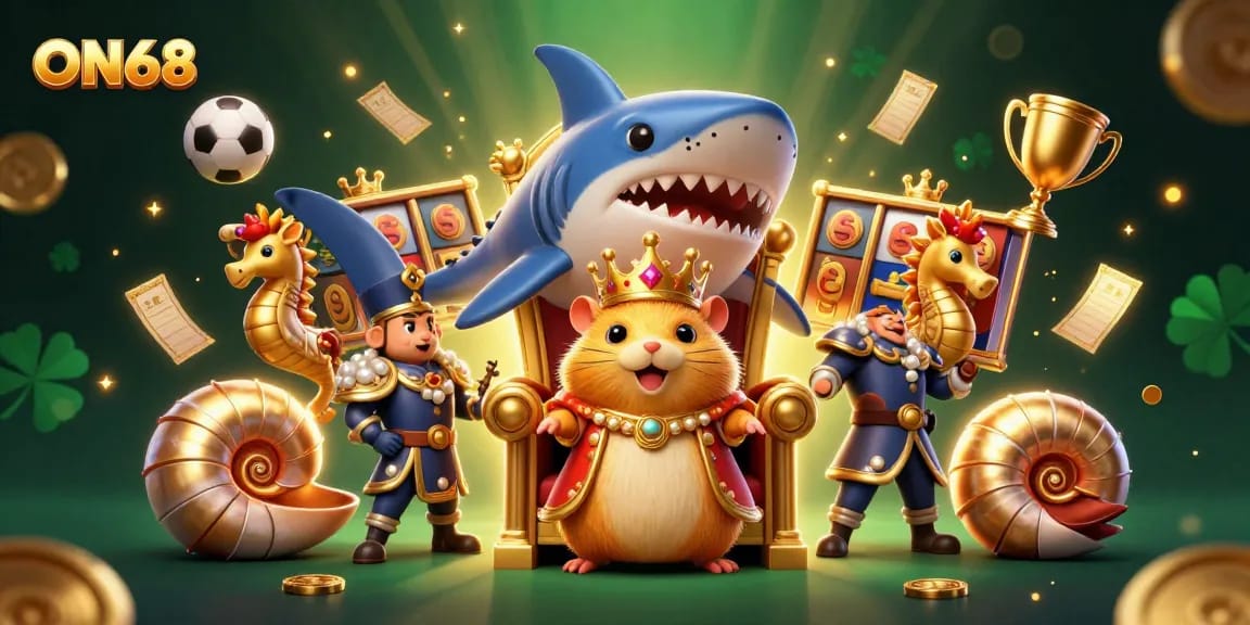 Engage with ON68's vibrant 3D casino scene featuring a golden hamster king on a shark tooth throne alongside dynamic gaming elements.