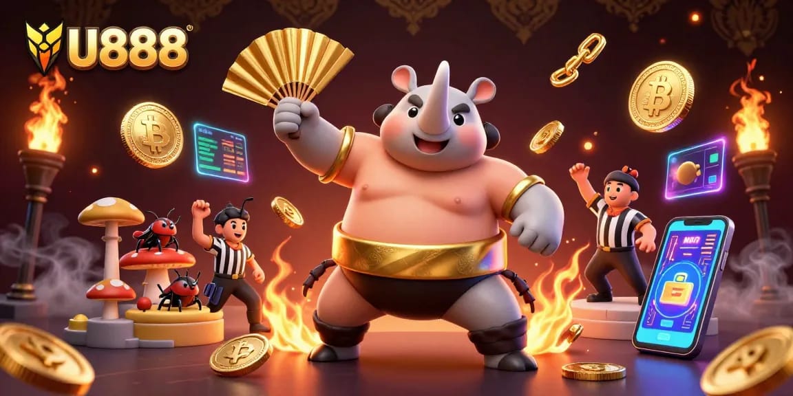 Experience thrilling jackpots at U888 with cartoon beetle champions amid floating crypto coins.