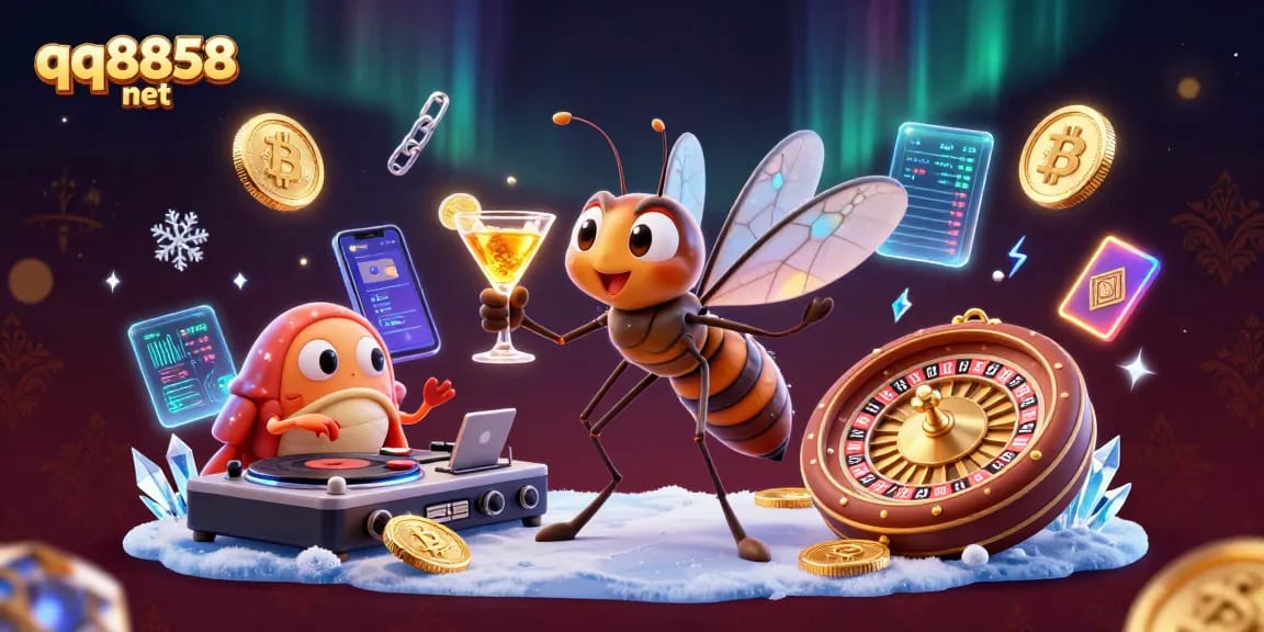 Experience the excitement of qq8858 net with a vibrant casino-themed 3D illustration featuring animated characters and crypto elements.