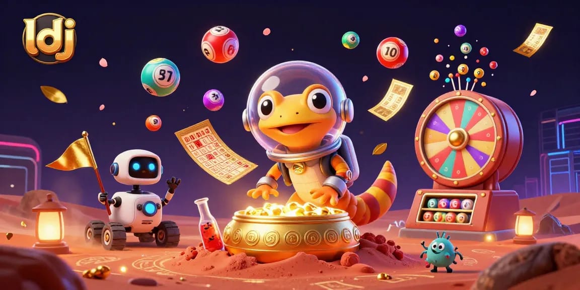 Engage with the dynamic scene of a Martian gecko exploring a golden casino, showcasing ldj's vibrant lottery and gaming elements.