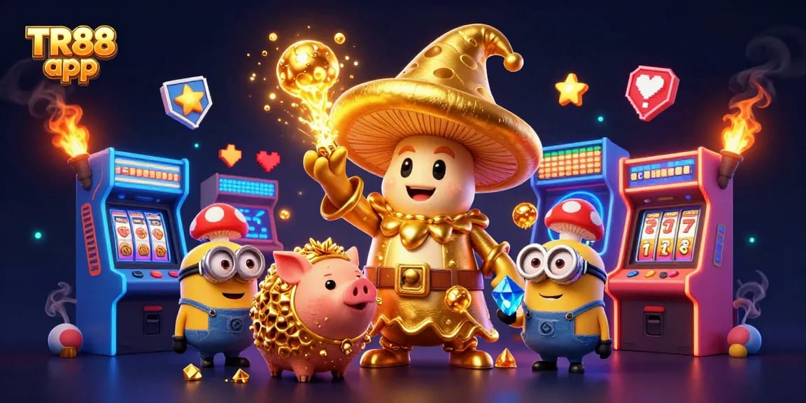 Experience gaming magic with the TR88 app in a golden, vibrant casino-inspired 3D scene.