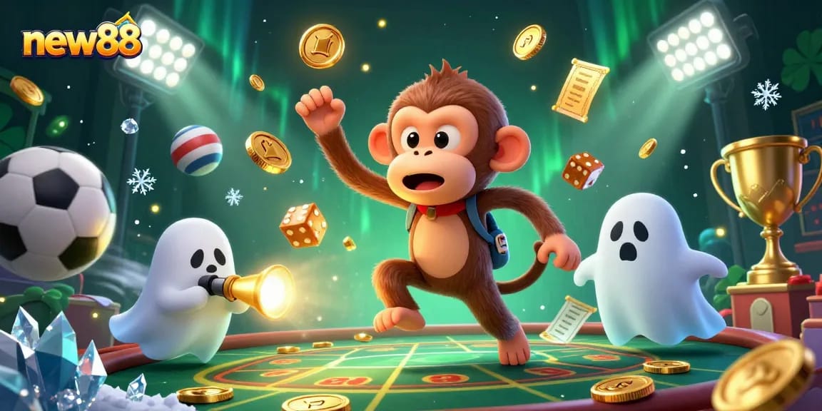 Engage with new88 in a vibrant haunted casino scene filled with golden coins, sports elements, and playful characters.