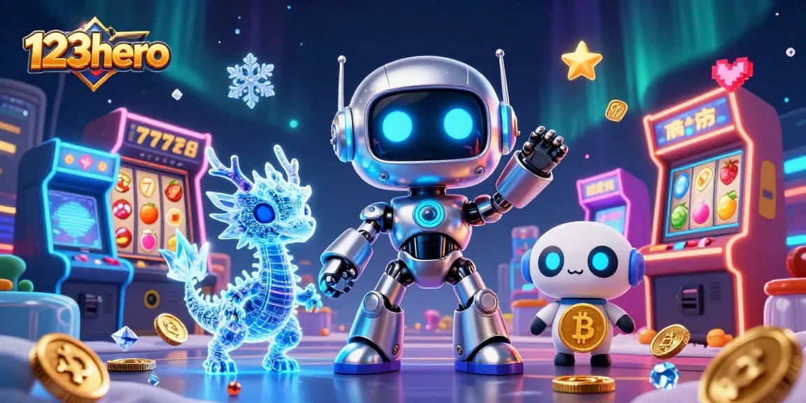 Spin the reels with 123hero in this vibrant casino-themed 3D illustration showcasing colorful gaming elements.