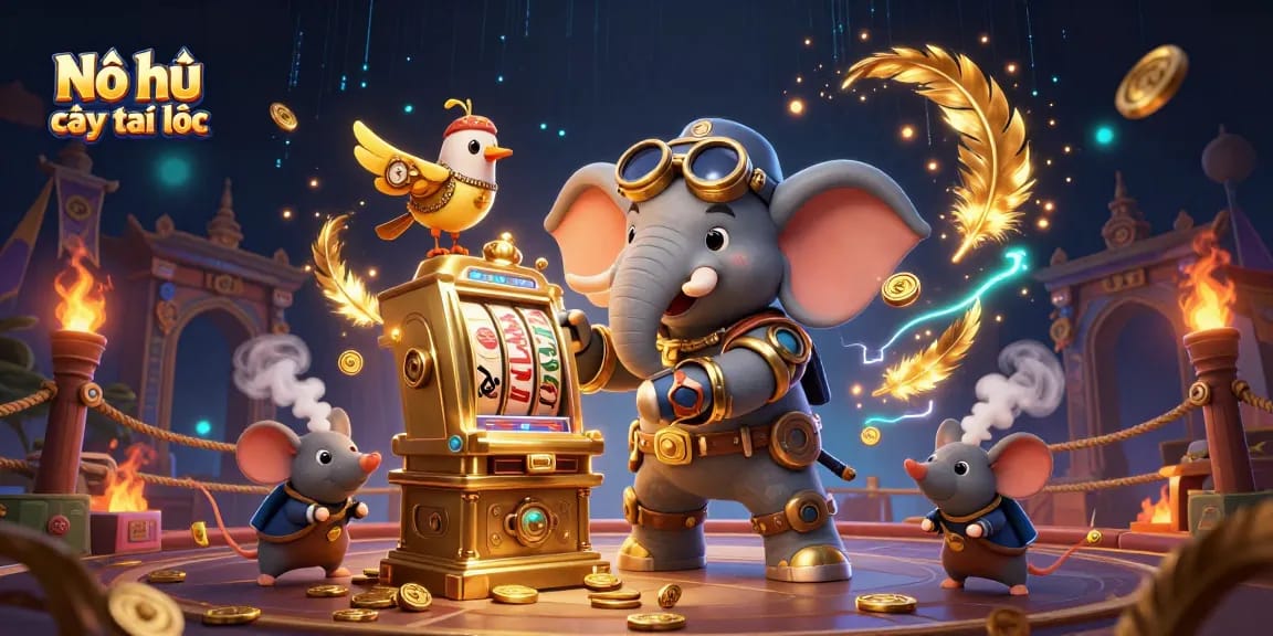Nổ hũ cây tài lộc slot machine scene featuring a steampunk elephant and vibrant gambling elements