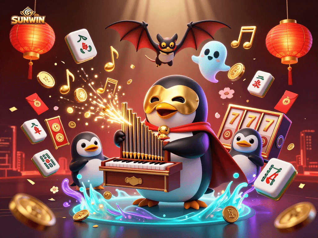 SUNWIN showcases a vibrant 3D casino scene with a penguin playing an organ shooting coins amidst slot elements.
