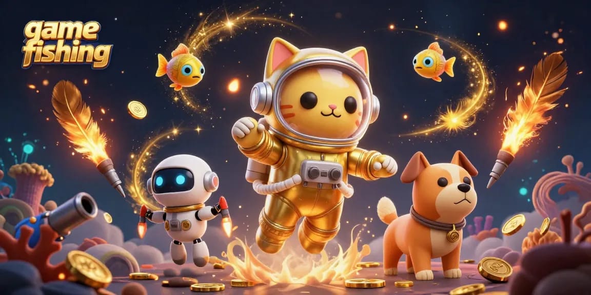 Engage in thrilling game fishing action with an astronaut cat and robot dog in a vibrant underwater scene.