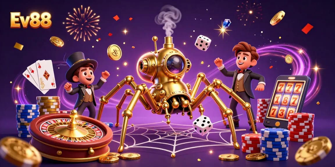 Ev88 offers an engaging gambling experience featuring a golden spider and animated casino elements.