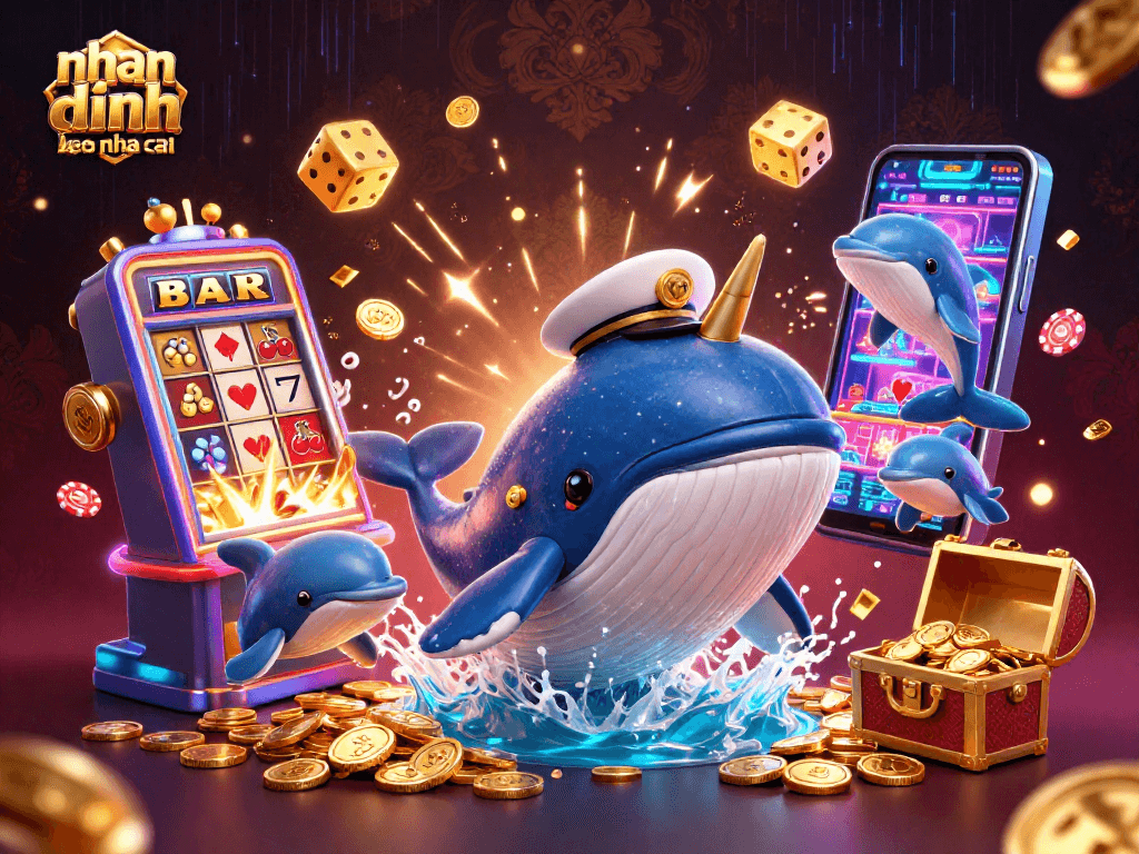 nhan dinh keo nha cai showcases a whimsical 3D casino scene with vibrant whales, playful dolphins, and gambling elements.