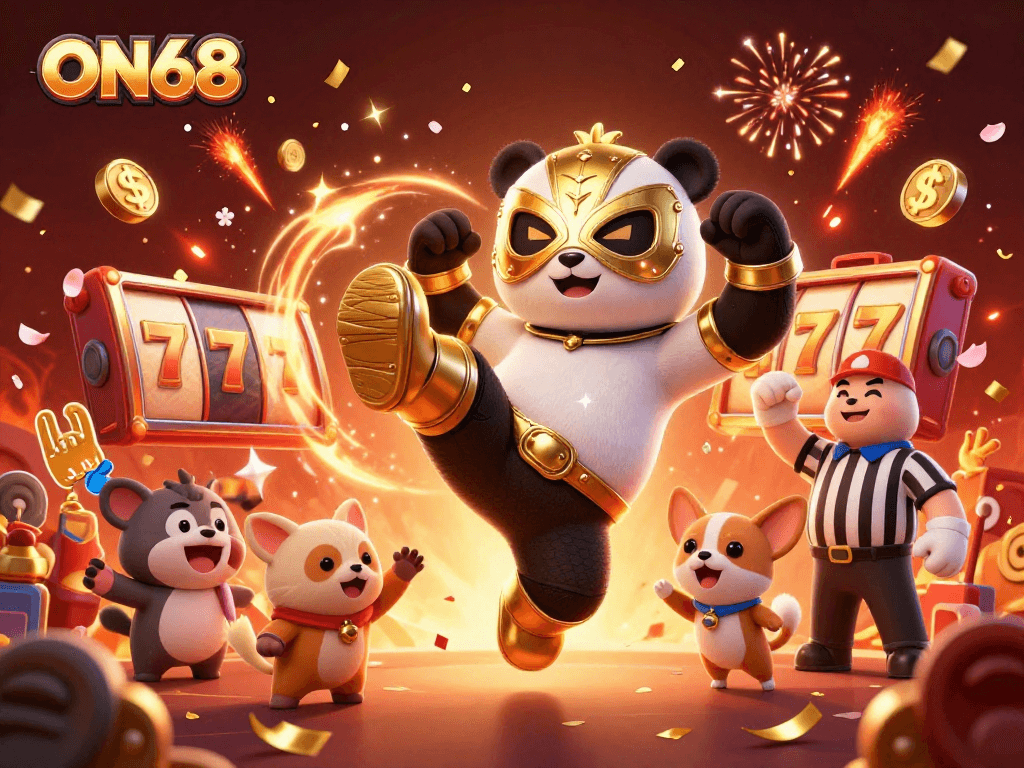 Experience ON68's dynamic gaming with a 3D panda and festive elements in a lively casino scene.