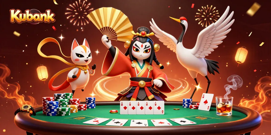 Kubank showcases a vibrant poker scene with a kabuki warrior and kitsune mask in action.