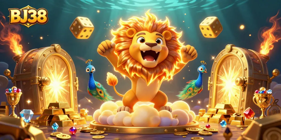 BJ38 showcases triumphant cartoon lion in a dazzling casino world filled with golden treasures and gaming elements.