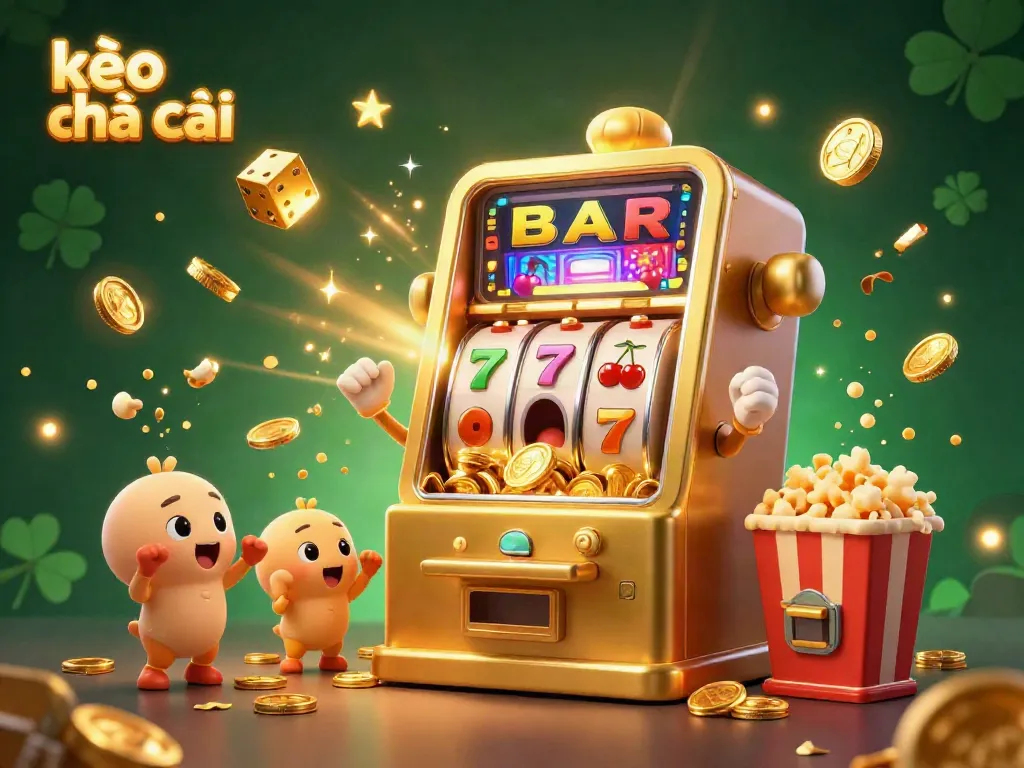 Experience thrilling kèo nhà cái action as a shocked golden slot machine celebrates a jackpot amidst colorful casino elements.