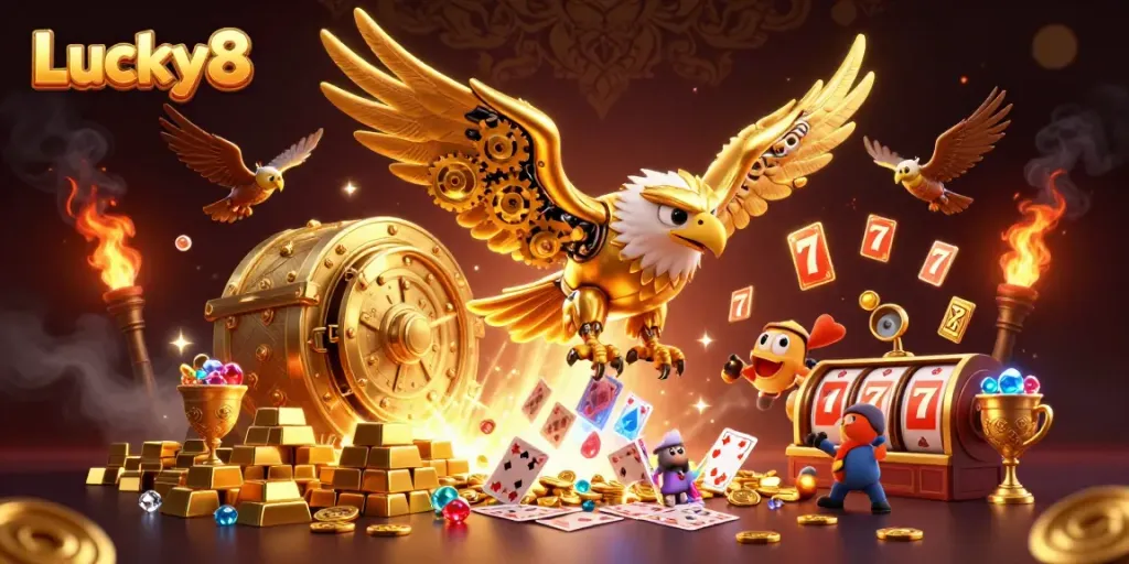 Experience the thrill of Lucky8 with a dynamic 3D scene featuring casino elements and a soaring golden eagle.
