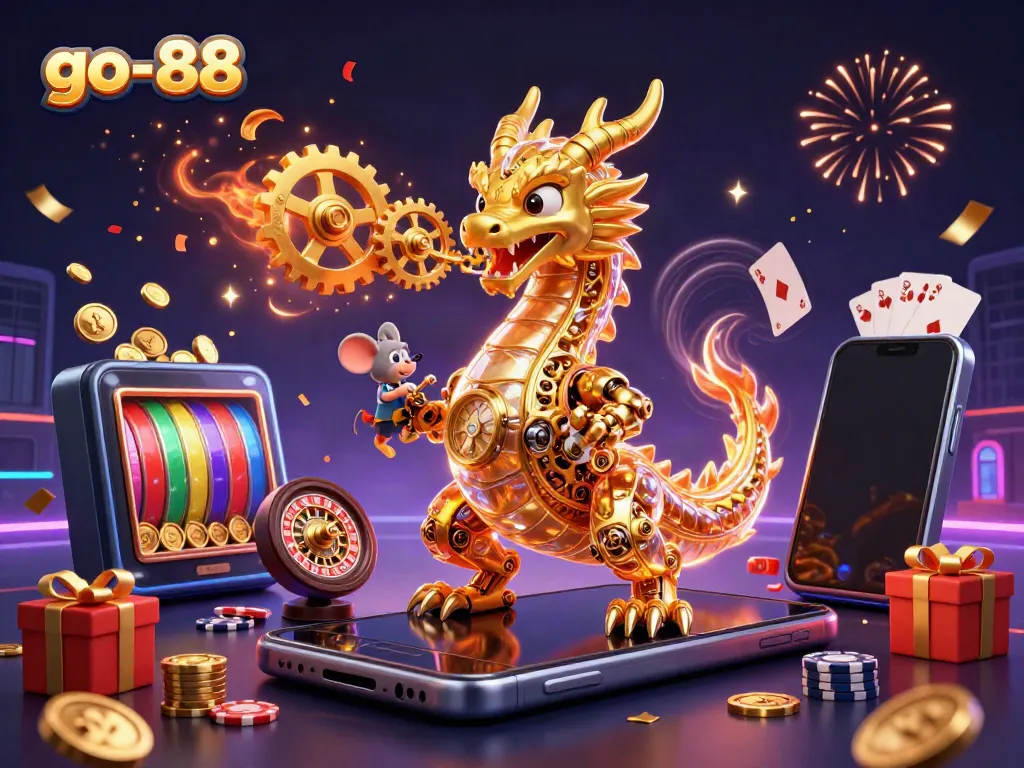 Experience thrilling gameplay at go-88 with a golden dragon breathing gears and coins, symbolizing jackpot excitement.