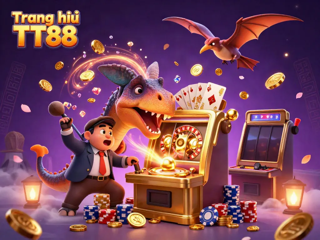 Experience exciting wins on the Trang chủ TT88 platform as a thrilled pachycephalosaurus activates a golden slot machine jackpot.