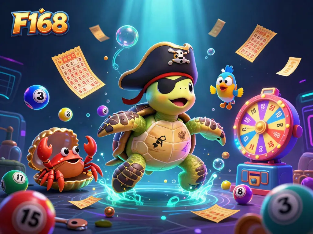 Spin lottery balls and win big with F168 in this vibrant, engaging casino scene.