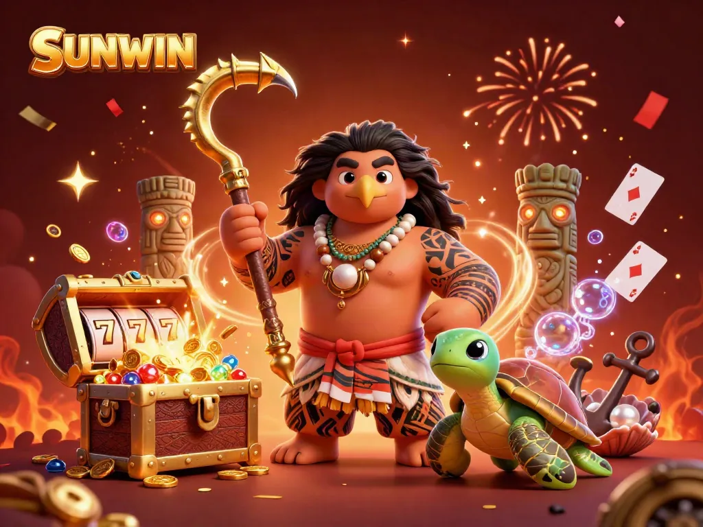 SUNWIN brings excitement with a vibrant 3D casino illustration showcasing winning symbols and dynamic characters.