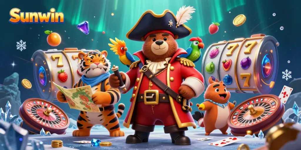 Sunwin pirate captain bear and tiger amid vibrant casino elements, showcasing engaging slots and roulette.