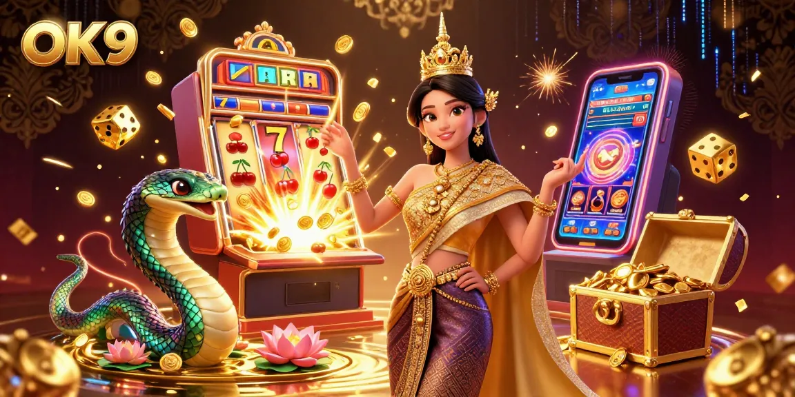 Spin to win at OK9 with a spectacular jackpot illustration of dazzling coins and thrilling casino elements.