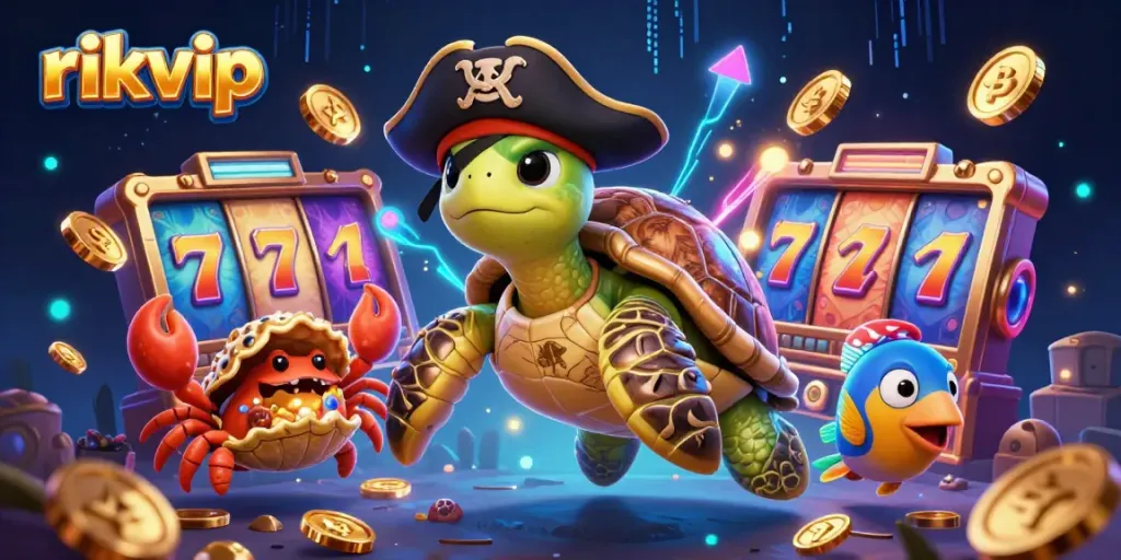 Engage with exciting rikvip gaming milestones through a vibrant pirate turtle and treasure-themed casino illustration.
