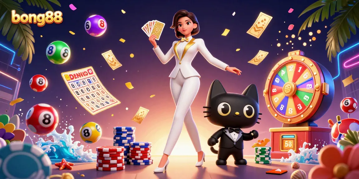 Experience the excitement of gambling at bong88 with a glamorous scene of card shuffling and vibrant lottery elements.
