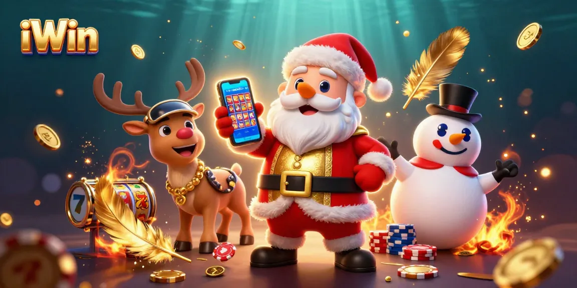 Experience thrilling games with iWin's vibrant characters in a festive casino setting.