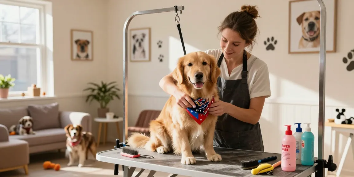 Dog groomer providing a caring grooming experience at Fluffs York.