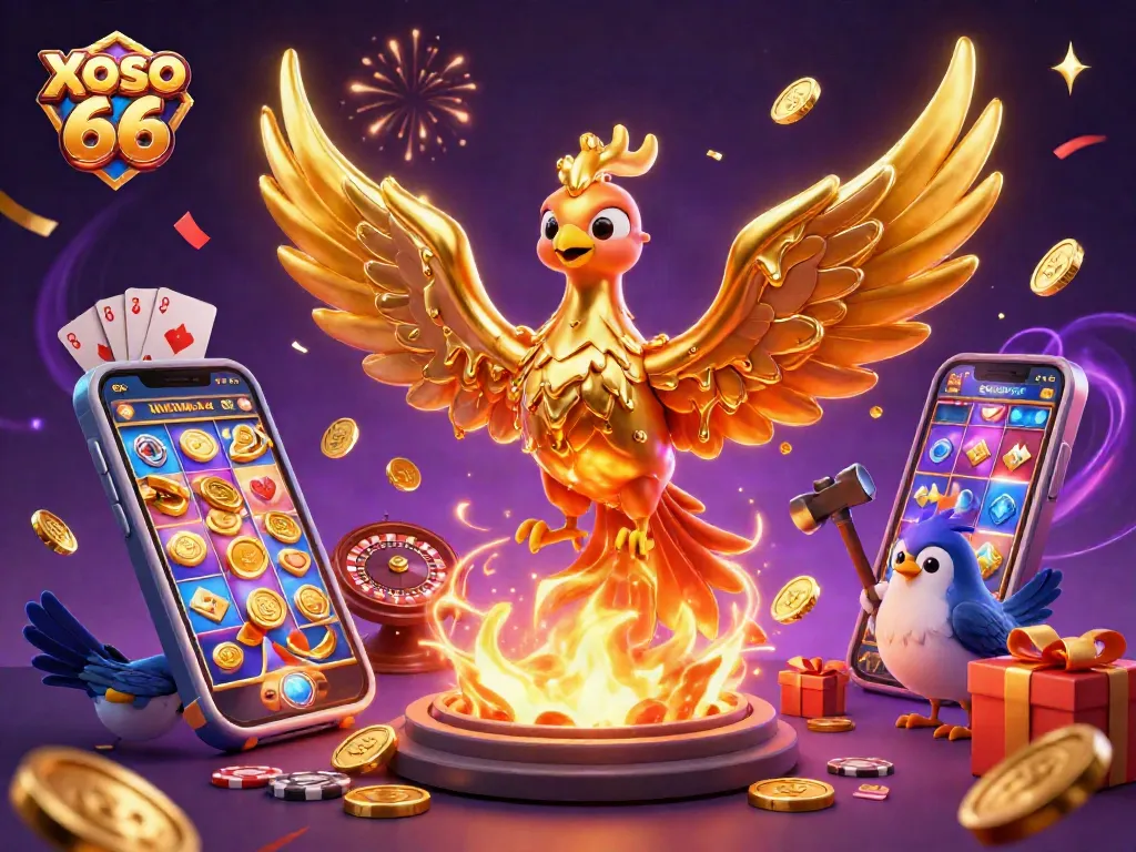 XOSO 66 engaging casino illustration with a golden phoenix and dynamic gaming elements